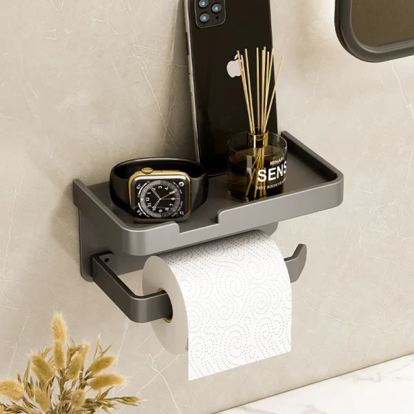 Suporte Porta Papel Higiênico Preto e Suporte para Celular com Adesivo - Image 4