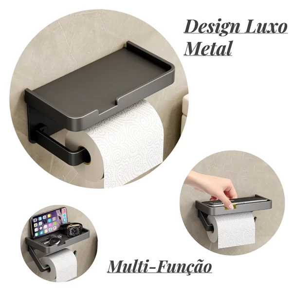 Suporte Porta Papel Higiênico Preto e Suporte para Celular com Adesivo - Image 5