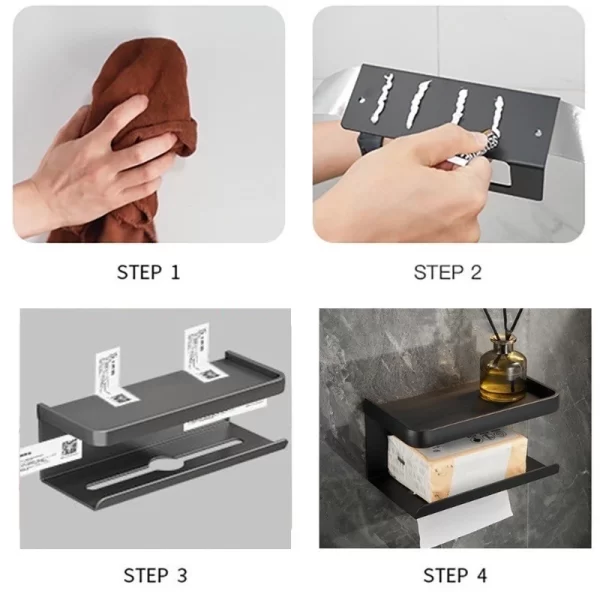 Suporte Porta Papel Higiênico Preto e Suporte para Celular com Adesivo - Image 2