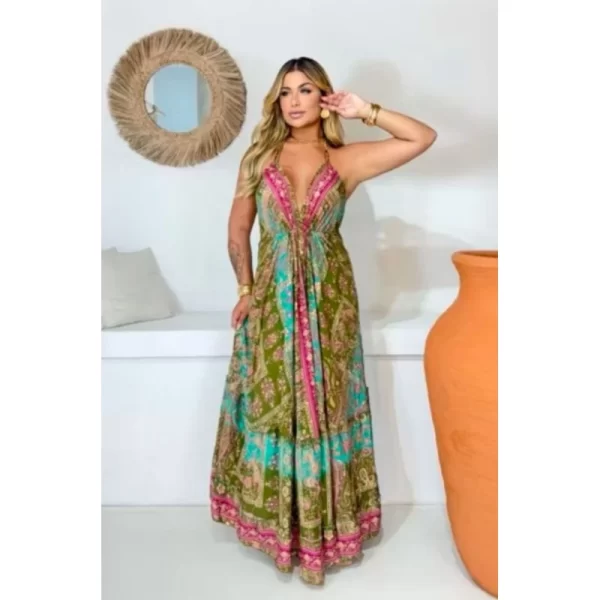 Vestido Indiano Seda com Amarração nas Costas Longo